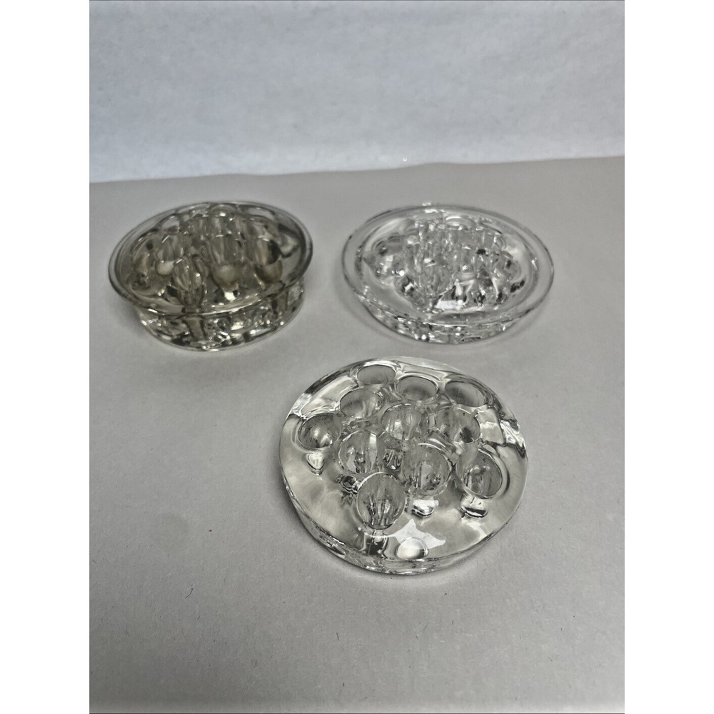 Vintage lot of 3- Glass Floral Arrangement Frogs 11 hole large clear round